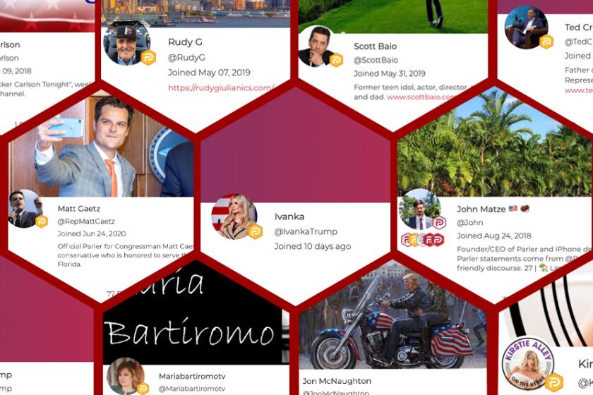 A photo collage in a honeycomb pattern shows profiles of users on the social media platform Parler