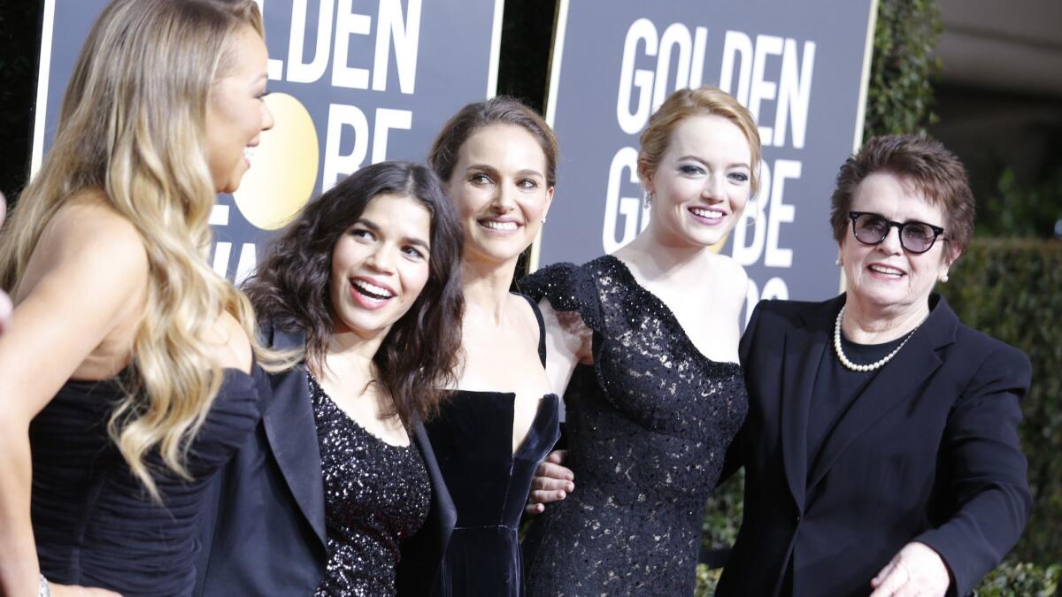 Mariah Carey, America Ferrera, Natalie Portman, Emma Stone, and Billie Jean King arriving at the 75th Golden Globes at the Beverly Hilton Hotel on January 7, 2018.