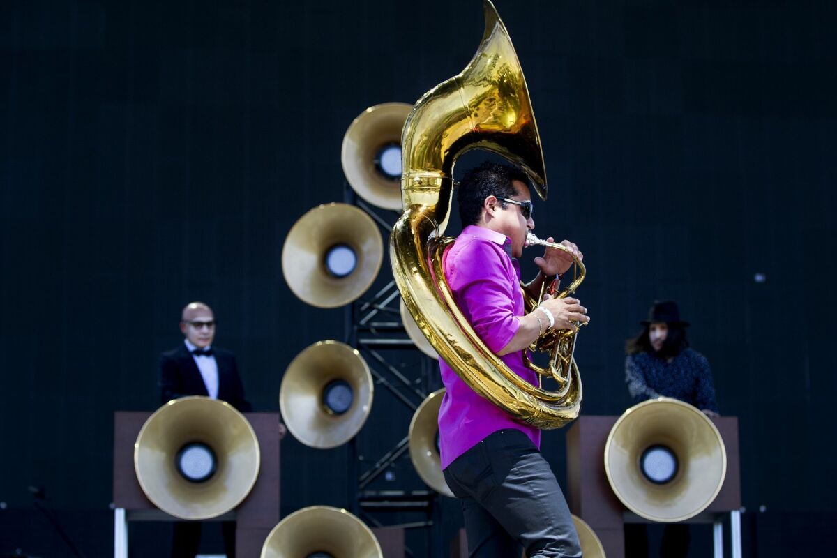 Day two of the 2015 Coachella Valley Music and Arts Festival. Nortec Collective of Tijuana played early Saturday to a committed audience on the Coachella Stage. Adrian Gonzalez on Tuba keeps the beat going.
