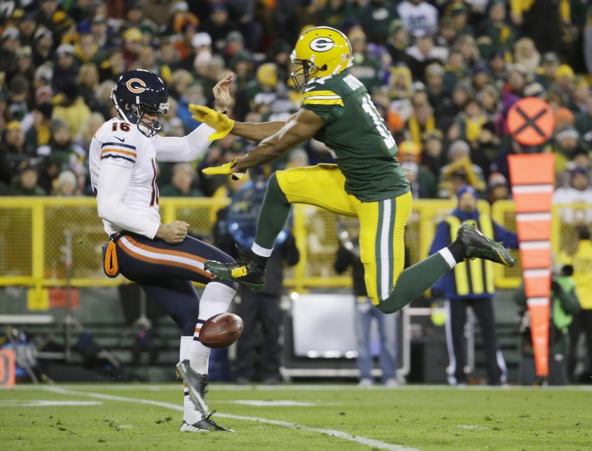 Green Bay Packers' Jarrett Boykin blocks the punt of Chicago Bears' Pat O'Donnell Nov. 9 in Green Bay, Wis.