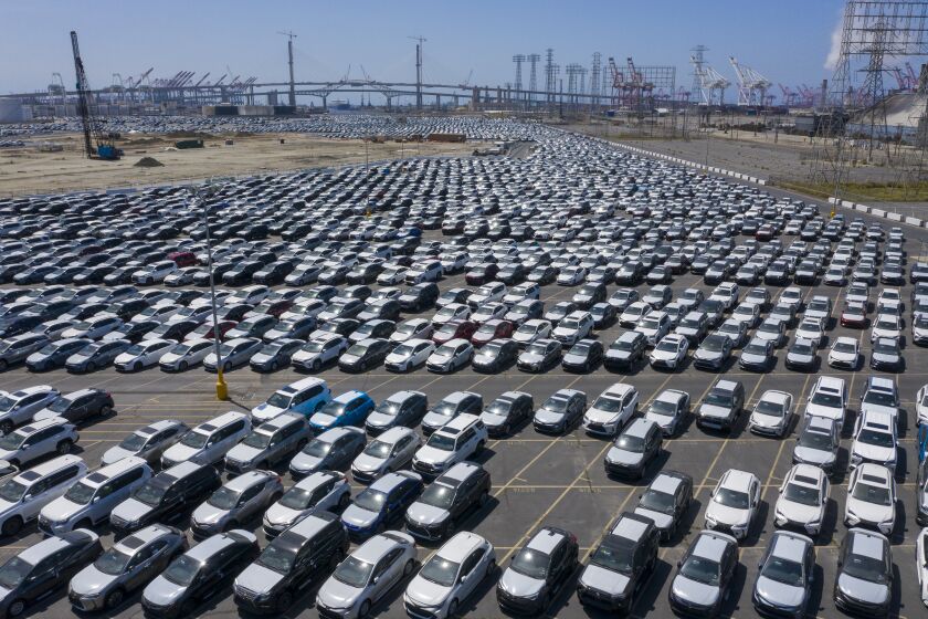 Long Beach, CA, SUNDAY, MAY 3, 2020, - Thousands of new cars are stored at Toyota logistics service yard at the port. (Robert Gauthier / Los Angeles Times)