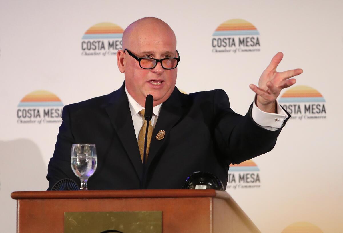 Costa Mesa Chamber of Commerce President and Chief Executive David Haithcock gives introductions at the State of the City .