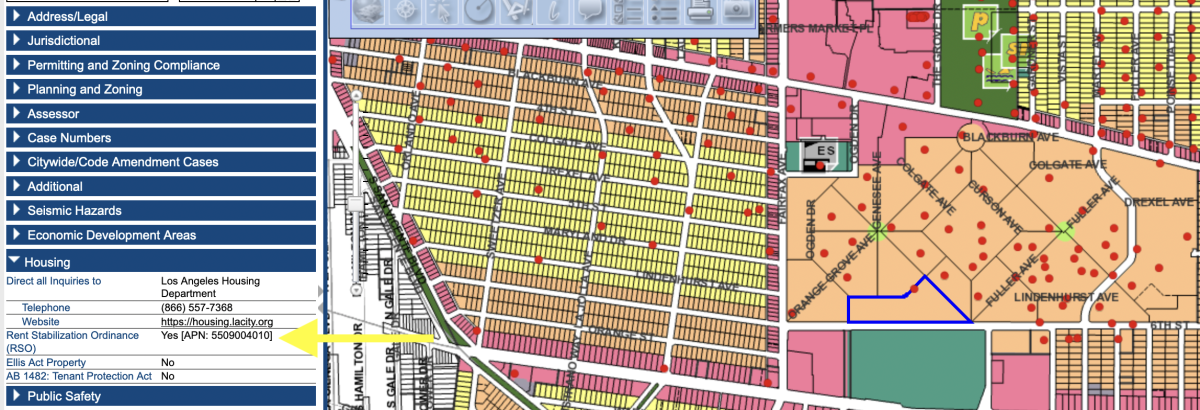 A screen shot from Los Angeles' zimas.lacity.org website shows results for an apartment in the Park La Brea complex.