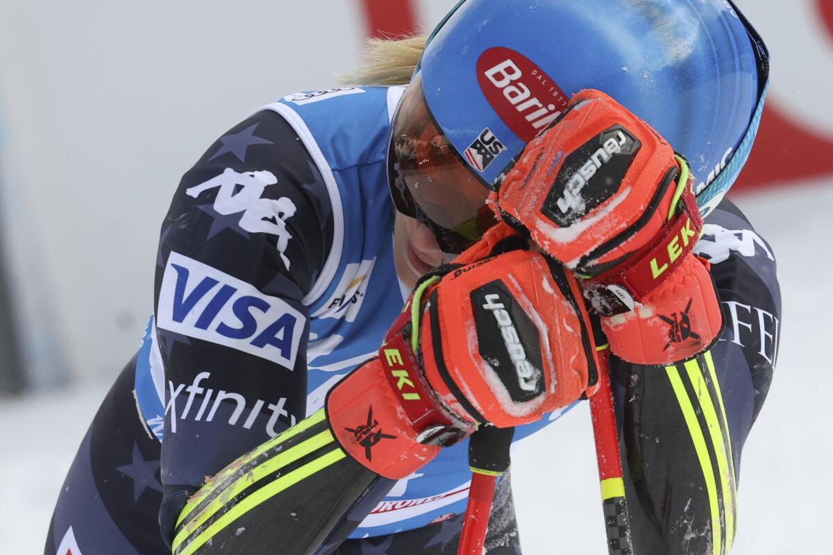 United States' Mikaela Shiffrin reacts after winning an alpine ski, women's World Cup giant slalom, in Kronplatz, Italy