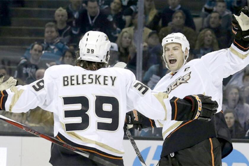 Matt Beleskey celebrates after scoring against the San Jose Sharks with center Ryan Getzlaf. The Ducks lost, 3-2, but the team feels good about its play.