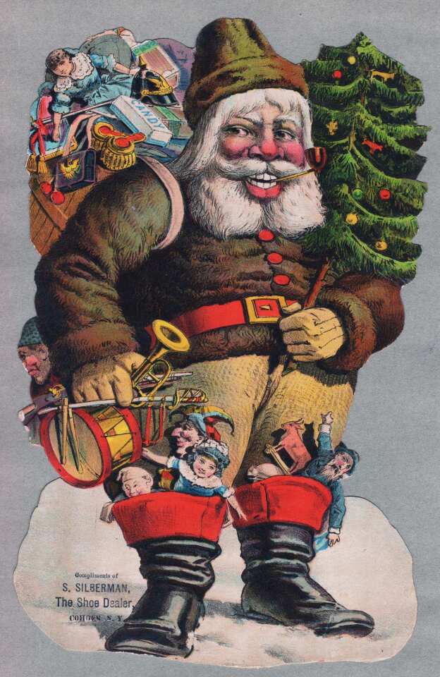 Image of Santa Claus on an illustrated card from the 19th century. The card is stamped with the name of the S. Sliberman shoe store in Cohoes, New York. Here, Santa smokes a pipe and holds a Christmas tree in one hand, a fistful of toys in the other, and wears a backpack that holds more toys (there are also toys stuffed into his boots).