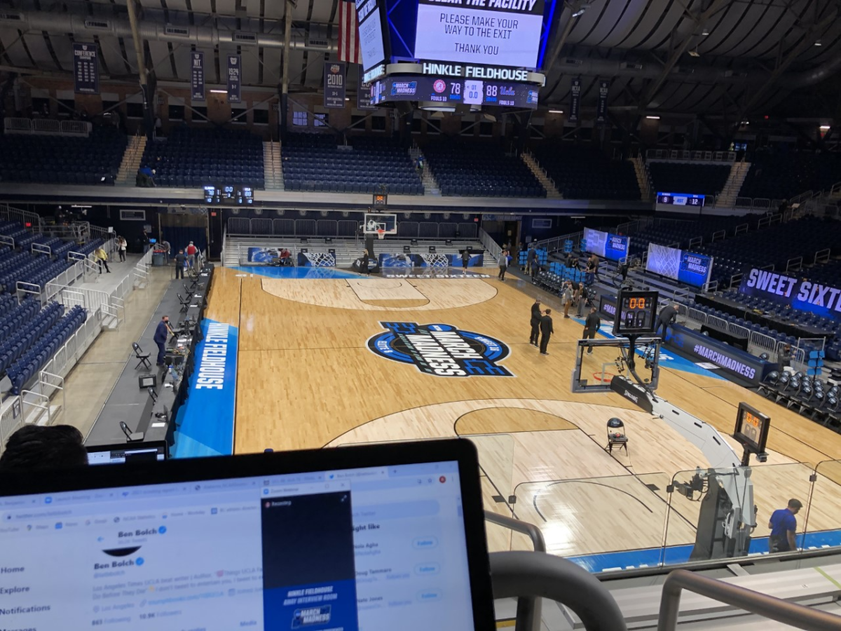 Doing some postgame work after UCLA's NCAA tournament victory over Alabama at Hinkle Fieldhouse.