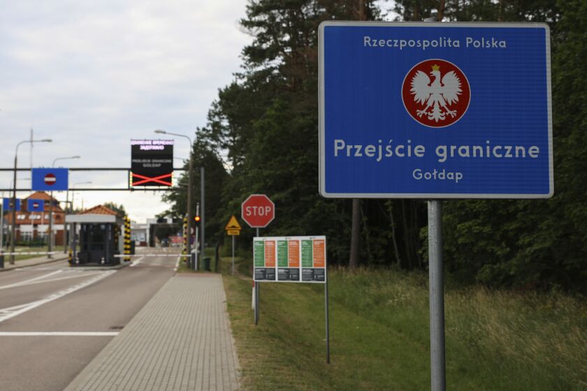 The border crossing between Poland and Russia's Kaliningrad Oblast is closed, in Goldap, Poland, Thursday, July 7, 2022. (AP Photo/Michal Dyjuk)