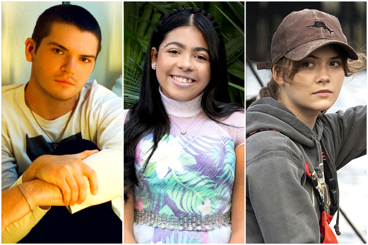 Trio of photos showing Colton Ryan, from left, Ynairaly Simo and Emilia Jones