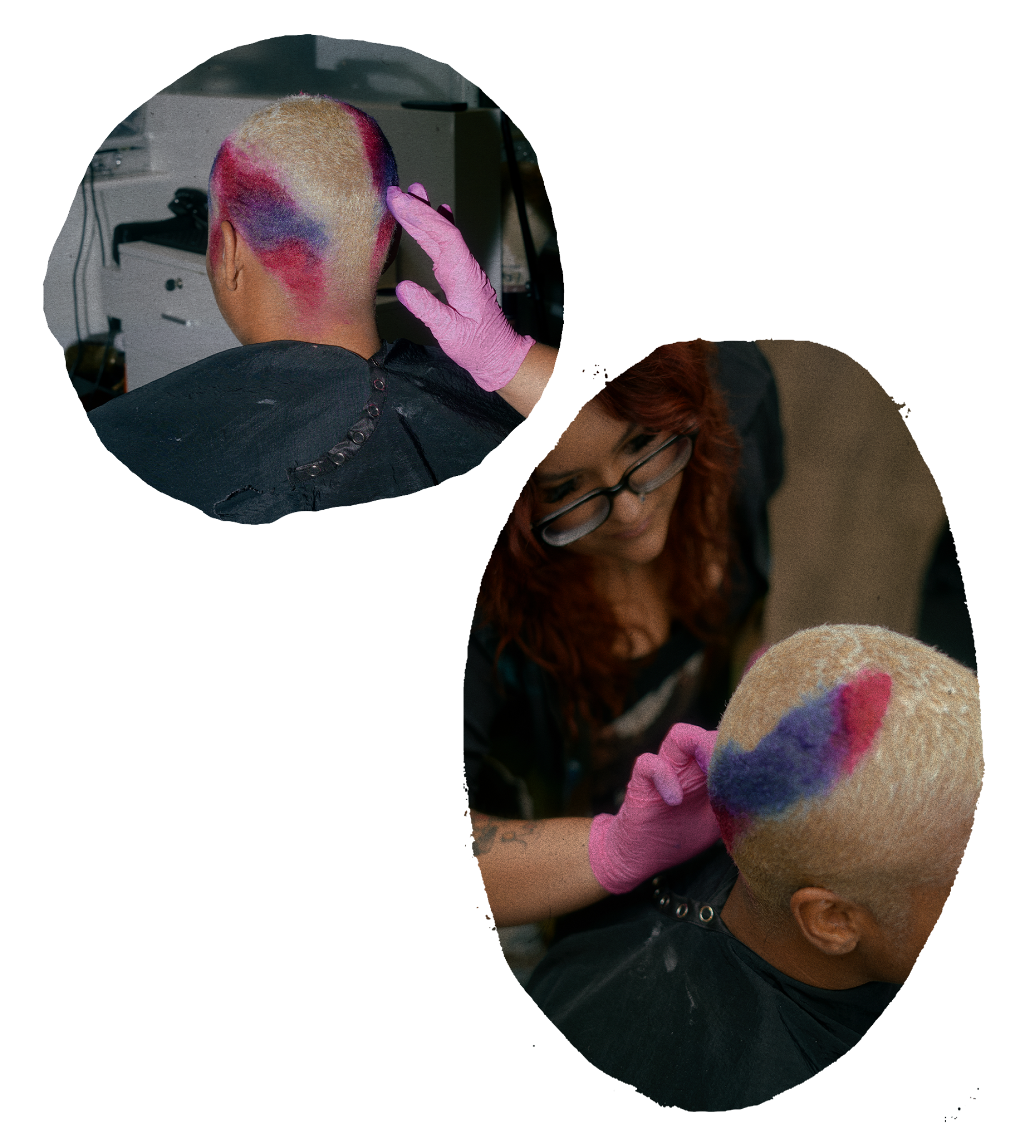 two circular photos of c0mptonkitty painting magenta and blue dye on Darian Symoné Harvin’s hair