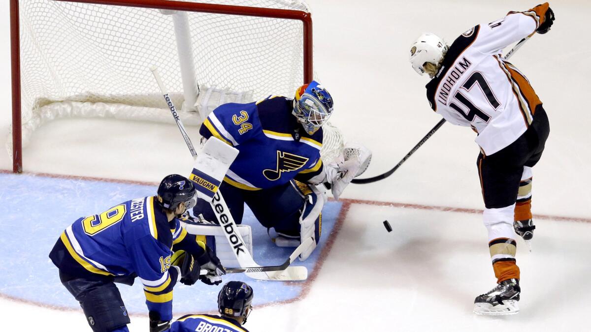 Ducks defenseman Hampus Lindholm gets set to score against Blues goalie Jake Allen in the second period Thursday night.