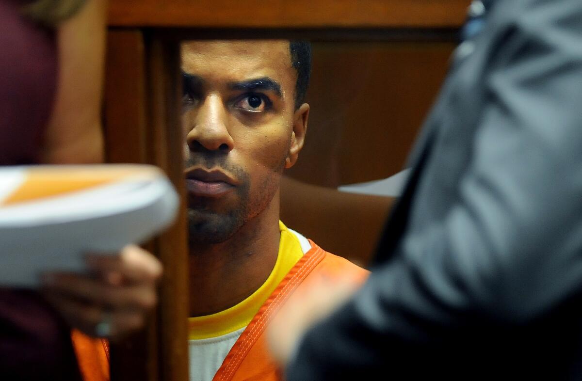 Former NFL player Darren Sharper sits in court during a hearing in downtown Los Angeles on Monday.