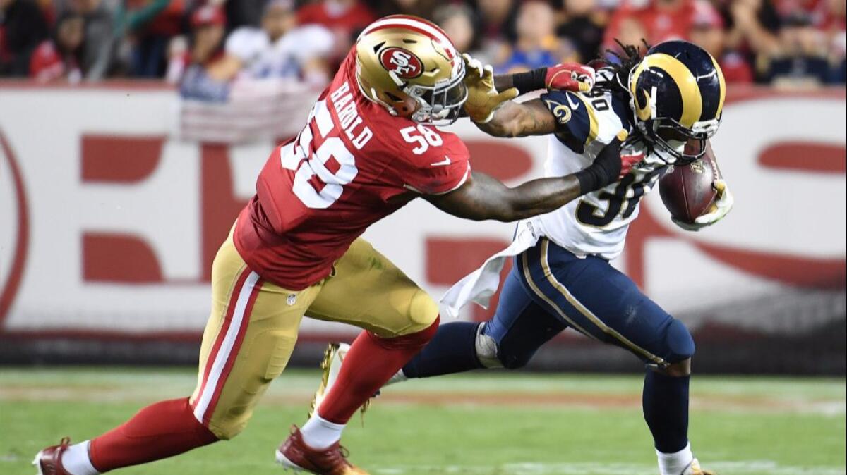 Rams running back Todd Gurley is held to a one-yard gain on a rush against the 49ers on Sept. 12.