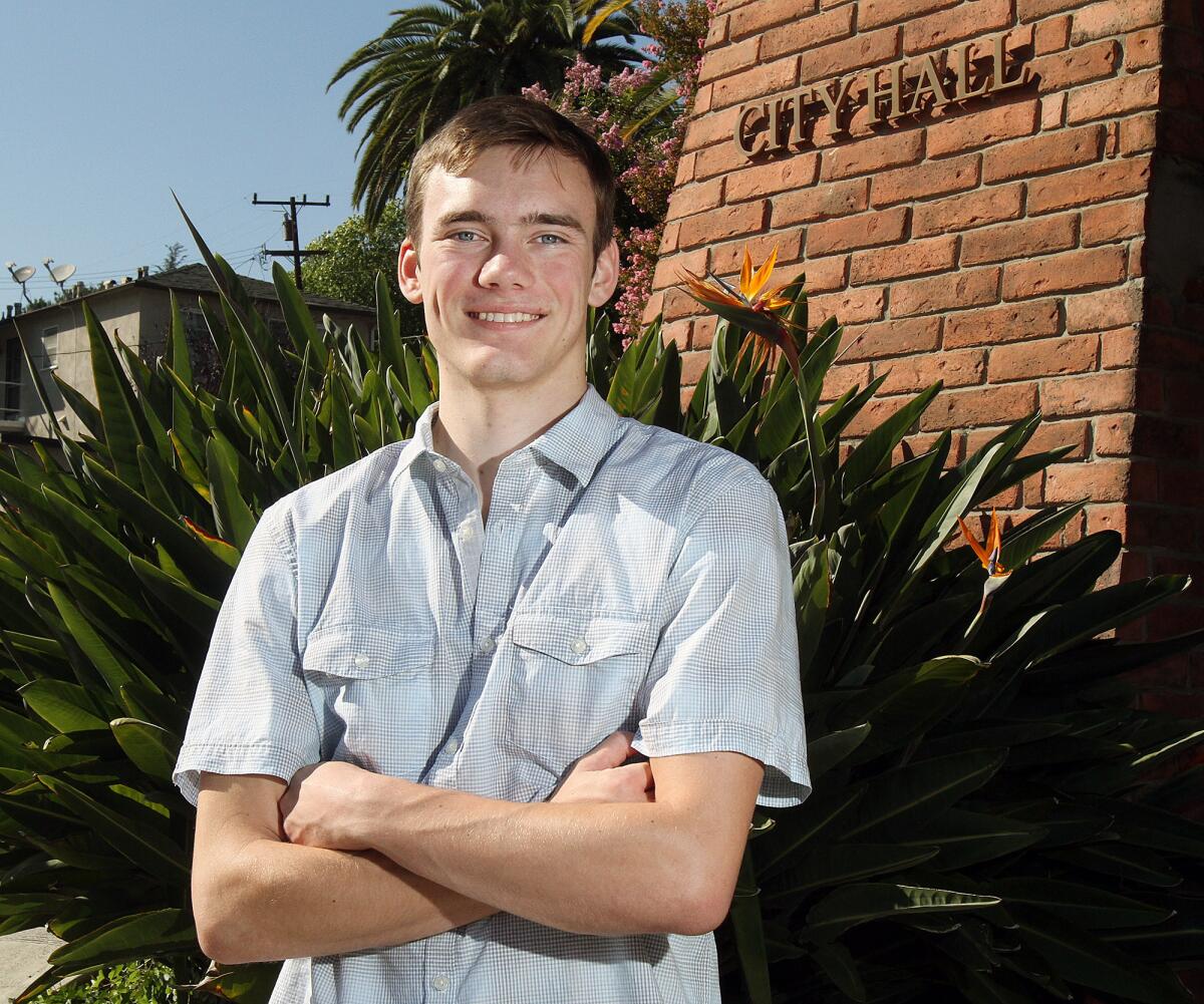 La Cañada High School senior Doug Williams, 17, in front of La Cañada Flintridge City Hall on Tuesday, August 11, 2015. Williams was a summer intern with the Chamber of Commerce and he spent his summer at City Hall. With the help of a mentor, he helped rewrite an ordinance to restrict and prohibit the use of e-cigarettes in public that the city may pass into law.