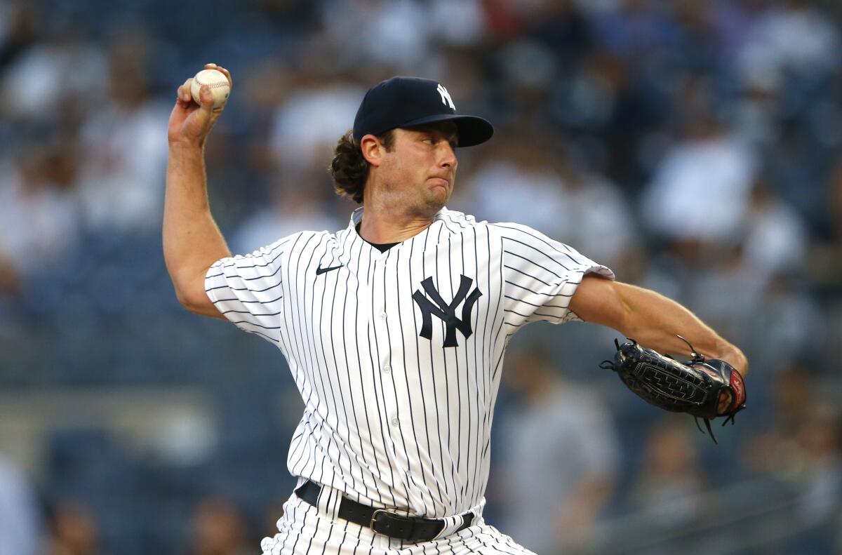New York Yankees pitcher Gerrit Cole throws against the Angels.