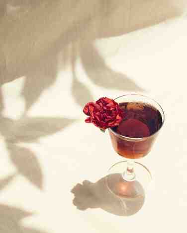 A brownish-red cocktail in a glass goblet, with leaves' shadows on the wall next to it