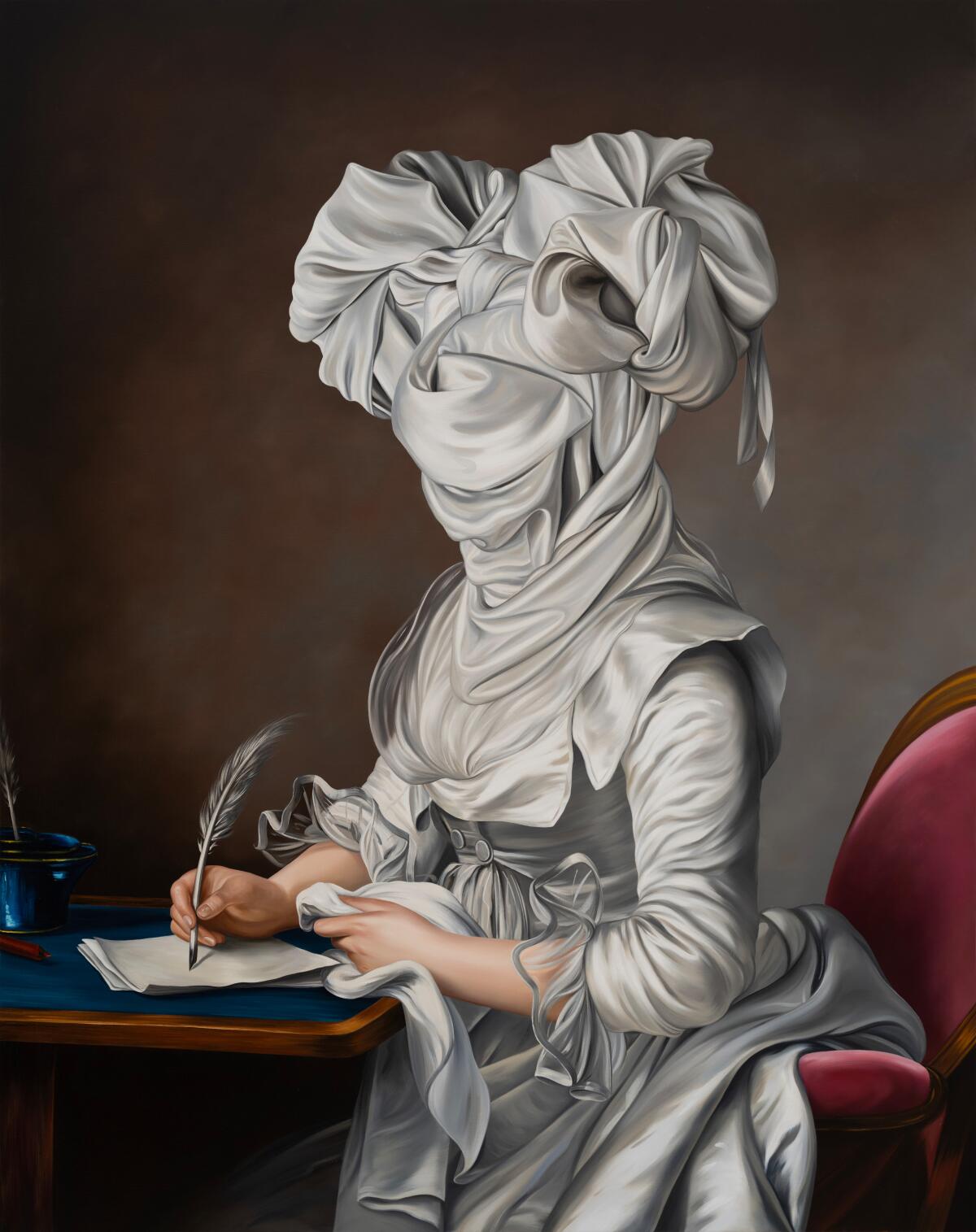 A portrait of a woman in white writing with fabric wrapped around her head. 