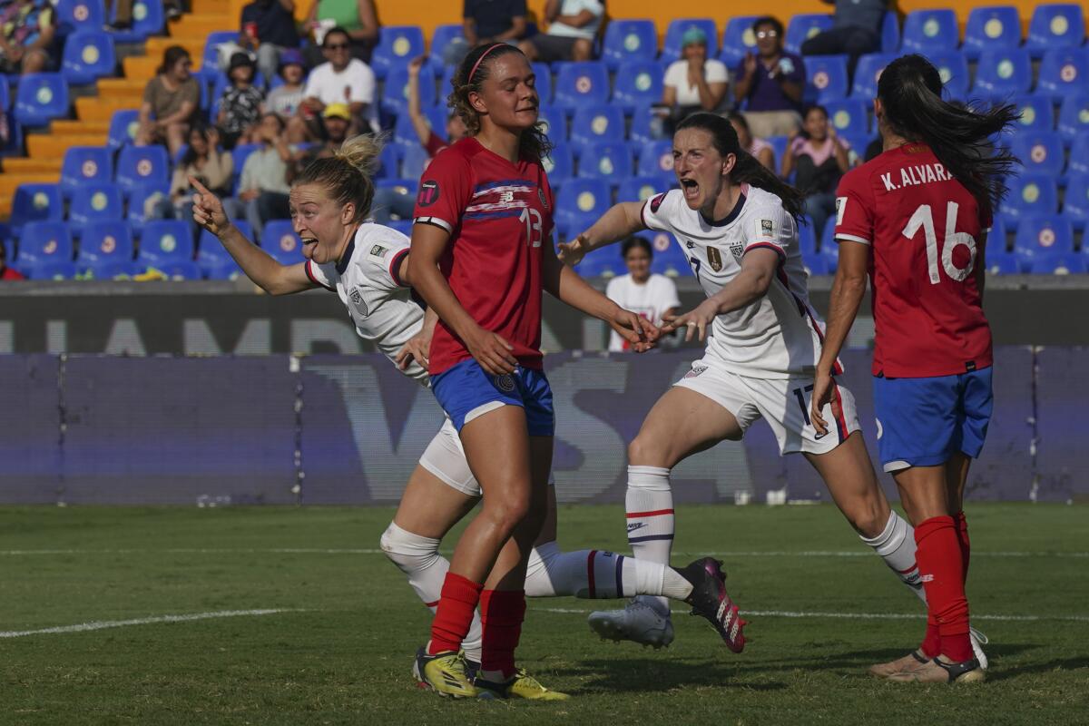 United States' Emily Sonnett celebrates scoring her side's opening goal against Costa Rica.