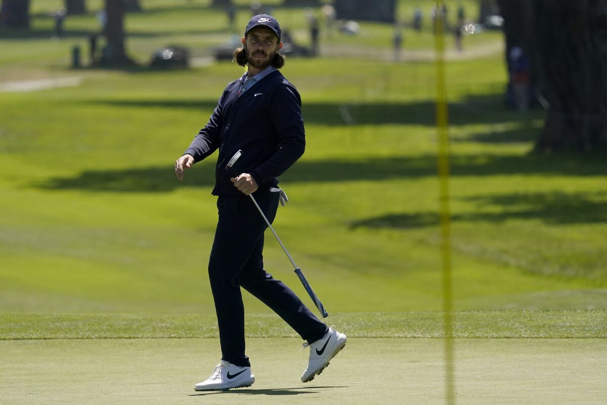 Tom Fleetwood of England, reacts after missing a putt on the sixth hole during the second round of the PGA Championship golf tournament at TPC Harding Park Friday, Aug. 7, 2020, in San Francisco. (AP Photo/Jeff Chiu)