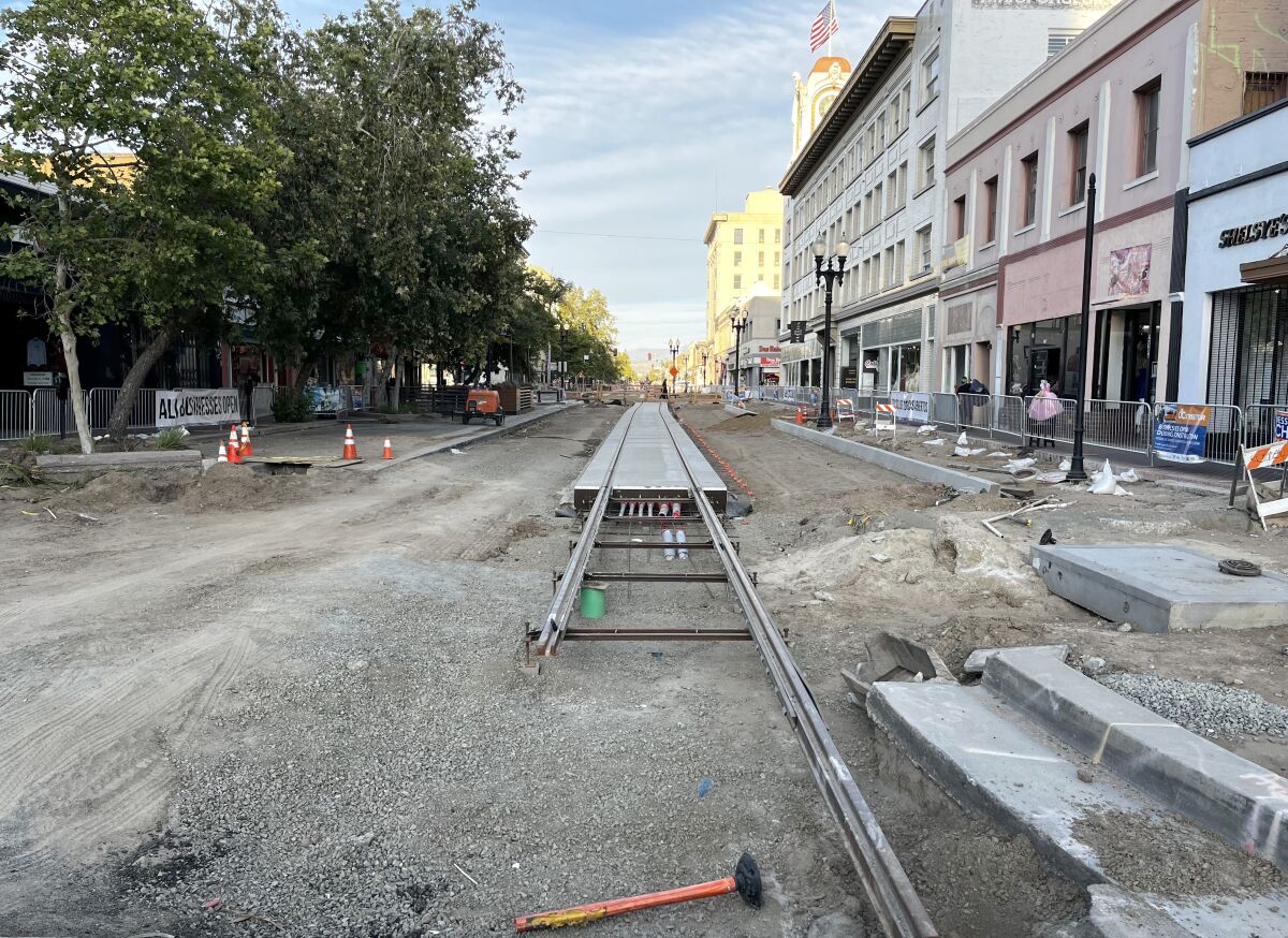 OC Streetcar construction along 4th Street off Broadway in downtown Santa Ana.