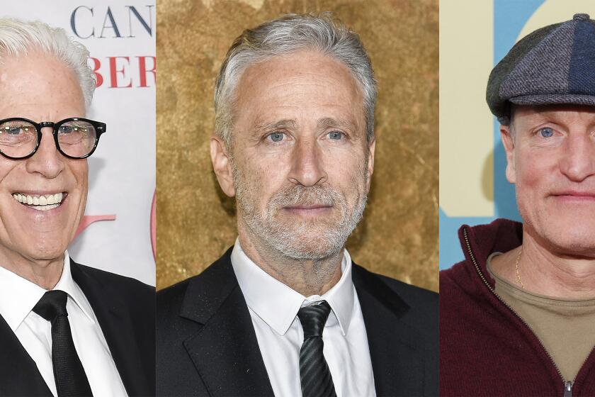 This combination of photos shows Ted Danson, Jon Stewart and Woody Harrelson, who are entering the world of podcasts. Danson and Harrelson have signed up for “Where Everybody Knows Your Name with Ted Danson and Woody Harrelson (Sometimes),” which will be launched June 12 by SiriusXM. Stewart, who returned to Comedy Central's “The Daily Show” earlier this year to host once a week, will do a podcast called “The Weekly Show,” according to Comedy Central. (AP Photo)