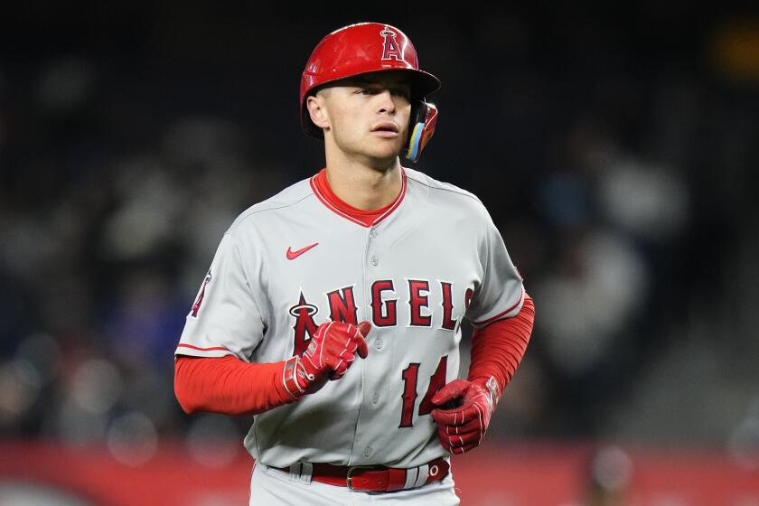 Los Angeles Angels' Logan O'Hoppe (14) during the ninth inning of a baseball game.