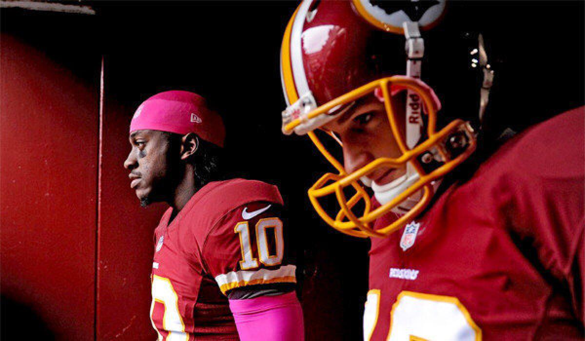 Quarterback Robert Griffin III, left, has been shutdown for the rest of Washington's season and Kirk Cousins, right, will take over the starting role for the Redskins.