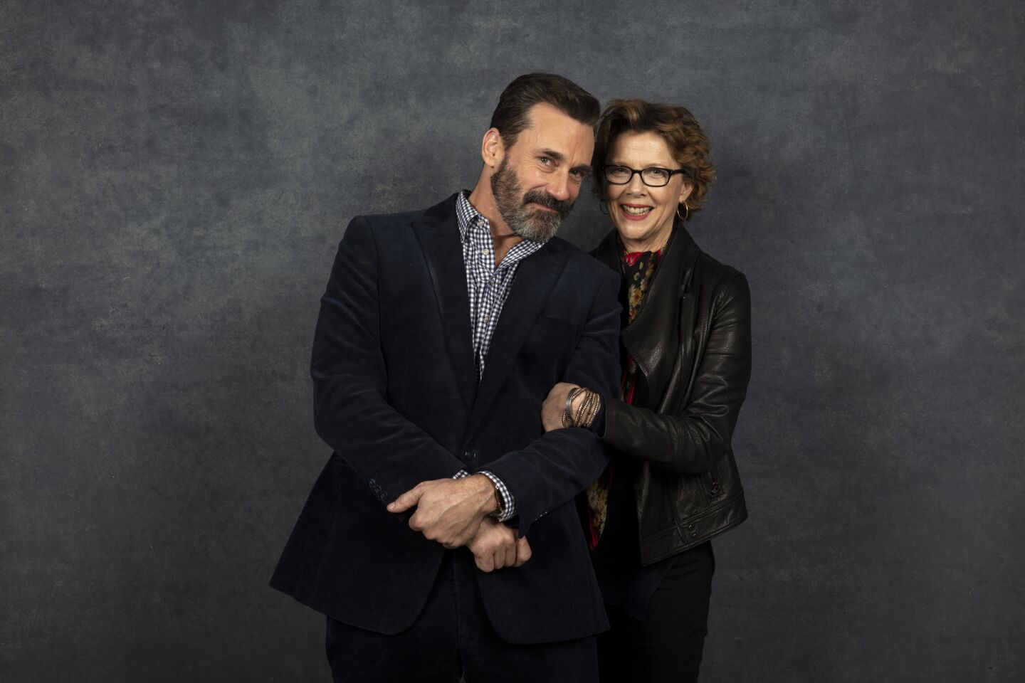 Actors Jon Hamm and Annette Bening from the film "The Report."