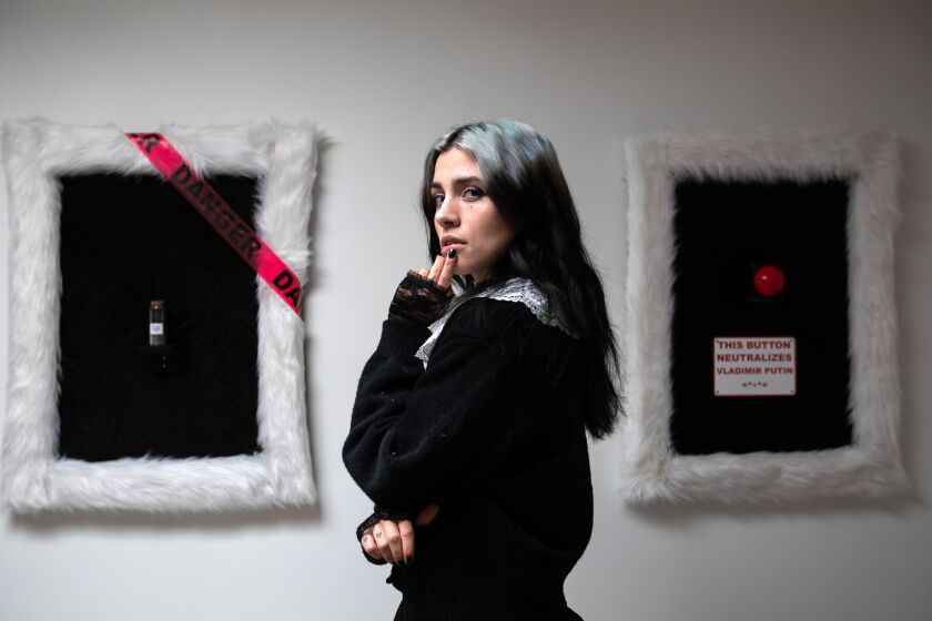 Los Angeles, CA - January 20: Portrait of Nadya Tolokonnikova at Jeffrey Deitch gallery on Friday, Jan. 20, 2023, in Los Angeles, CA. Nadya has her first art show at the Jeffrey Deitch gallery in LA, "Pussy Riot -- Putin's Ashes." The theme of the show is about the Russian leader who imprisoned Pussy Riot and now wages war against Ukraine. (Francine Orr / Los Angeles Times)