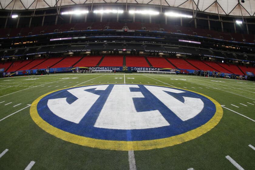 The SEC logo is displayed on the field ahead of the Southeastern Conference championship.