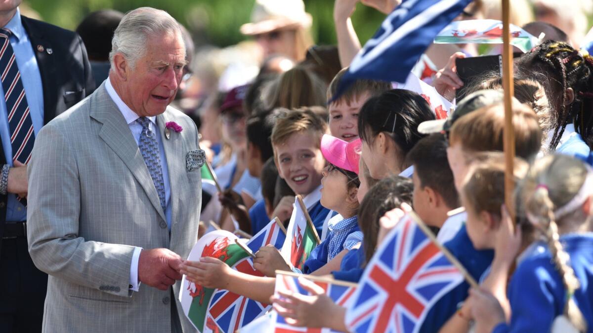 Britain's Prince Charles, prince of Wales , left, meets members of the public during a visit to Victoria Park in Swansea, Wales, on July 3.