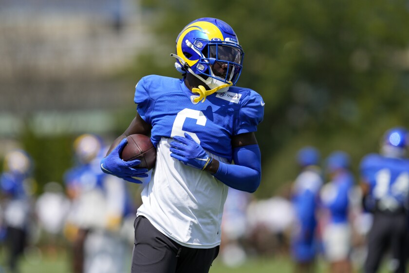 Rams cornerback Derion Kendrick runs with the ball during a joint practice Aug. 24, 2022, in Cincinnati.