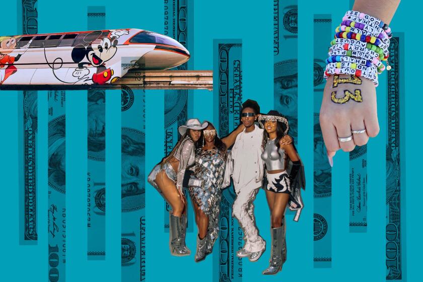 collage of a Disneyland monorail train, a group of Beyoncé concertgoers and a hand with Taylor Swift friendship bracelets, with hundred dollar bill slices in the background