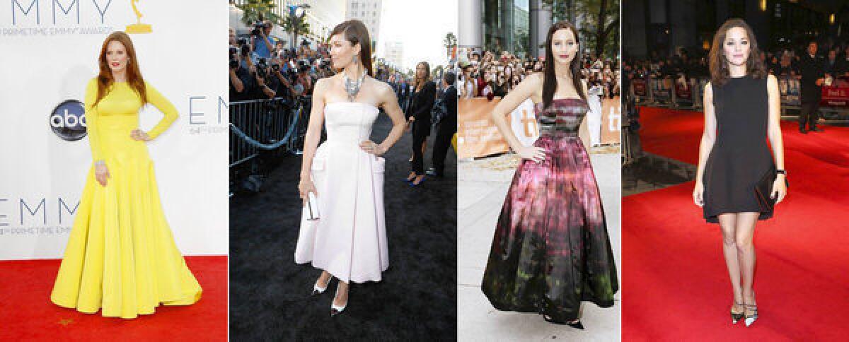 Left to right: Julianne Moore in a Dior knit top and ball skirt at the Emmy Awards on Sept. 23. Jessica Biel in a traditional Dior creation at the "Total Recall" premiere in Augustat Grauman's Chinese Theatre in Hollywood. Jennifer Lawrence in a cutting edge Dior ball gown design at the "Silver Linings Playbook" premiere in September at the Toronto International Film Festival. Marion Cotillard at the "Rust and Bone" premiere in October at the BFI London Film Festival.
