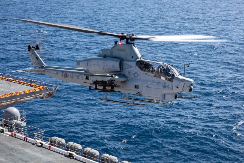 An AH-1Z Cobra takes off from the flight deck of the amphibious assault ship USS Makin Island (LHD 8) in March.