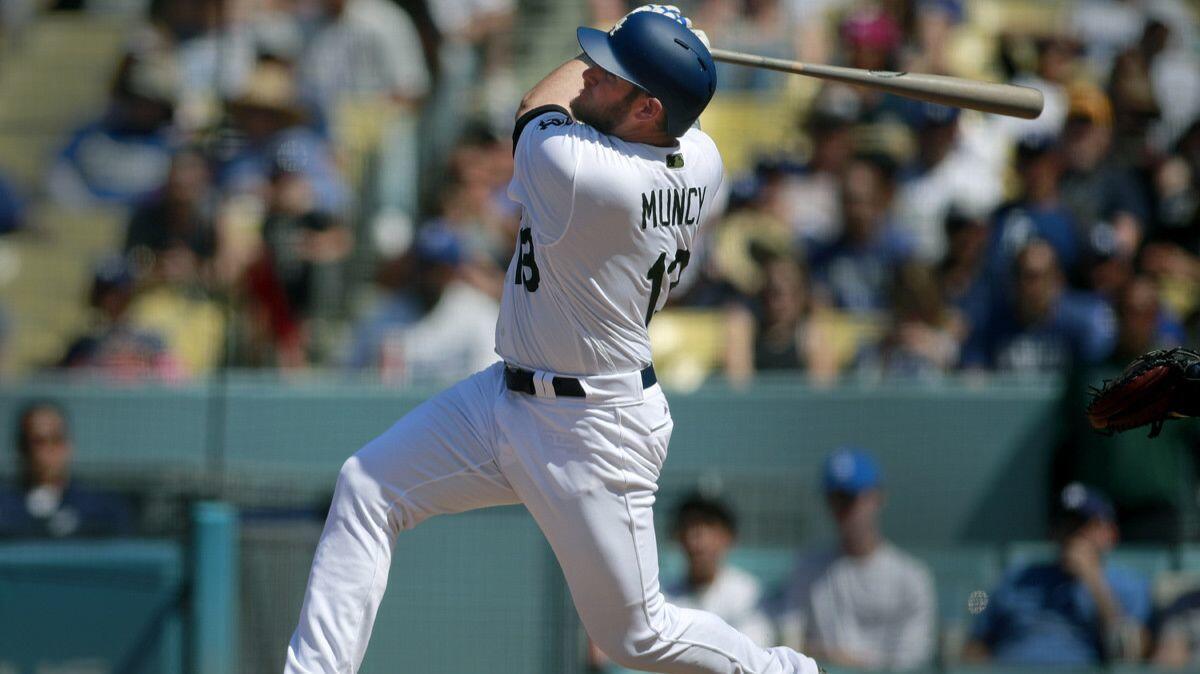 Max Muncy hits a two-run home run in the eighth inning at Dodger Stadium on Sunday against the San Diego Padres.