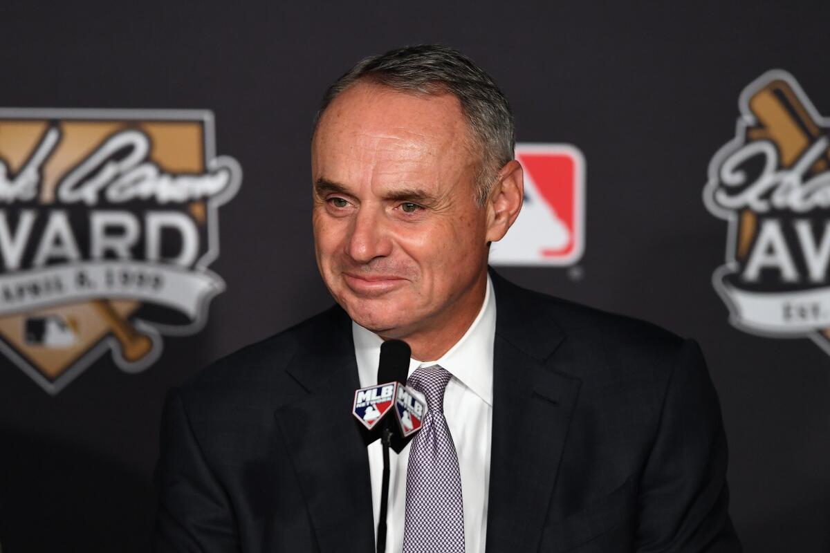 Baseball Commissioner Rob Manfred looks on during the 2016 Hank Aaron Award ceremony prior to Game 2 of the 2016 World Series.