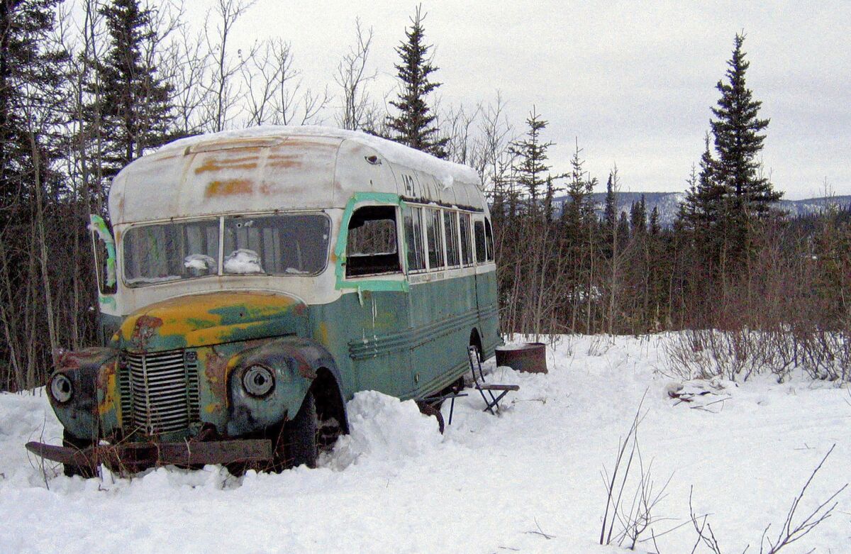 FILE - In this March 21, 2006, file photo, is the abandoned bus where Christopher McCandless starved to death in 1992 near Healy, Alaska. The bus that people sometimes embarked on deadly pilgrimages to Alaska’s backcountry to visit can now safely be viewed at the University of Alaska Fairbanks while it undergoes preservation work. The bus was moved to the university's engineering facility in early Oct. 2021, while it's being prepared for outdoor display at the Museum of the North, Fairbanks television station KTVF reported. (AP Photo/Jillian Rogers, File )