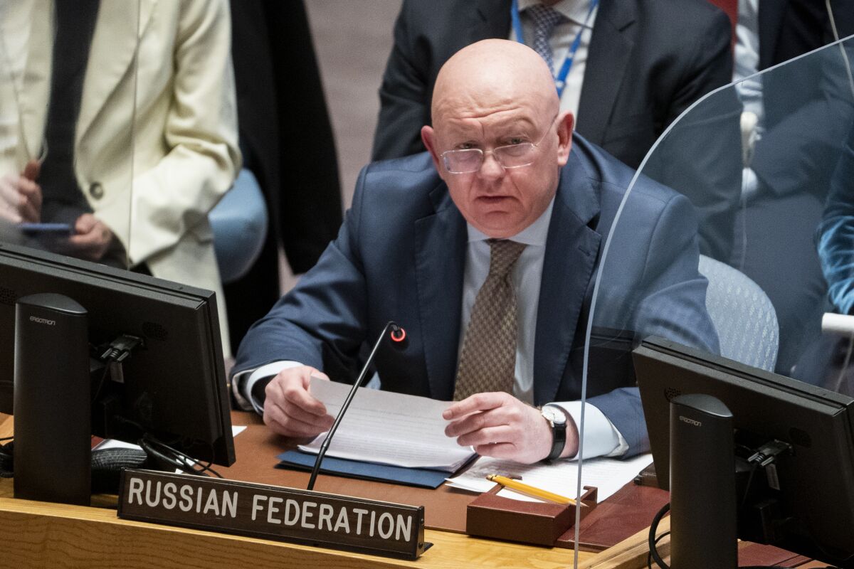 FILE - Vassily Nebenzia, permanent representative of Russia to the United Nations, speaks during a meeting of the UN Security Council, March 29, 2022, at United Nations headquarters. Russia and the U.S. clashed in the U.N. on Friday, March 31, over Moscow’s plans to deploy tactical nuclear weapons in Belarus. Nebenzia said Moscow is not transferring nuclear weapons but “operational tactical missile complexes,” which will be under Russian control. He insisted this was not in violation of Moscow’s international obligations. (AP Photo/John Minchillo, File)