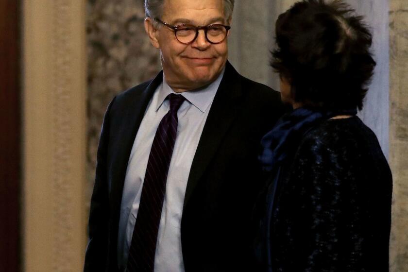 WASHINGTON, DC - DECEMBER 07: Sen. Al Franken (D-MN) looks at his wife Franni Bryson, before walking to the Senate chamber to announce his resignation, Capitol Hill, on December 7, 2017 on Capitol Hill in Washington, DC. A growing number of Senate Democtratic's pressured Franken to resign amid claims of sexual harassment. (Photo by Mark Wilson/Getty Images) ** OUTS - ELSENT, FPG, CM - OUTS * NM, PH, VA if sourced by CT, LA or MoD **