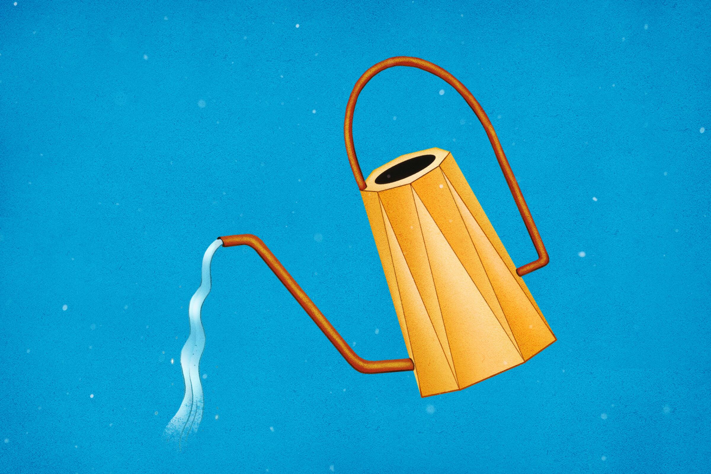 Illustration of a golden watering can against a blue background