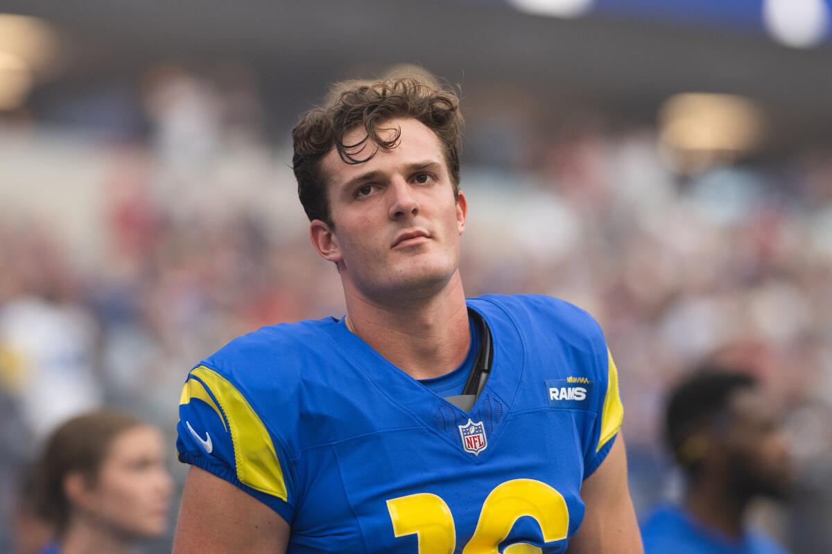 Sean McVay regrets play name that led to Puka Nacua harm: 'I’m kicking myself' 1 Rams kicker Joshua Karty stands for the national anthem before a game against the 49ers on Oct. 2.