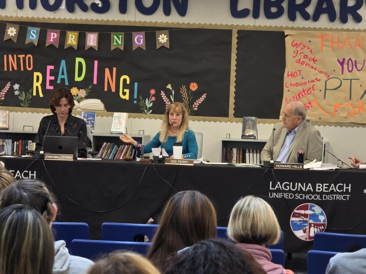 Laguna Beach Unified School District board of education president Dee Perry speaks at a meeting.
