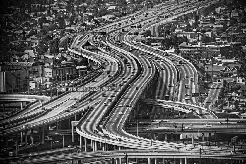The mid-1960s witnessed L.A. freeway construction at its height. The original LACMA design put the museum on the other end of a bridge from busy streets.