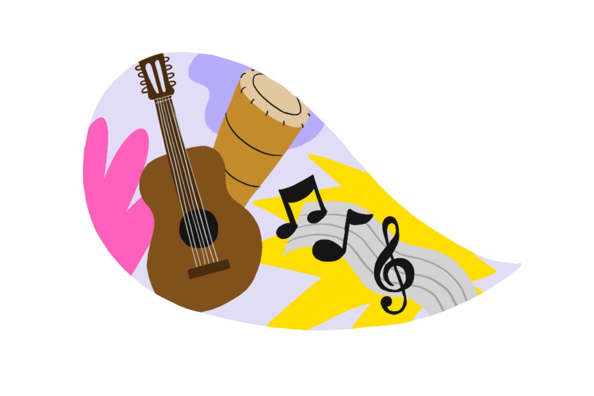 Speech bubble with images of a guitar, a drum and musical notation