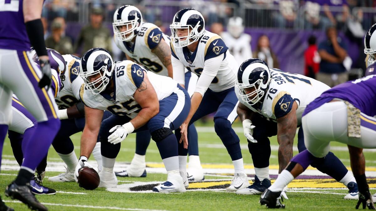 Los Angeles Rams quarterback Jared Goff calls a play at the line of scrimmage during the first half against the Minnesota Vikings.