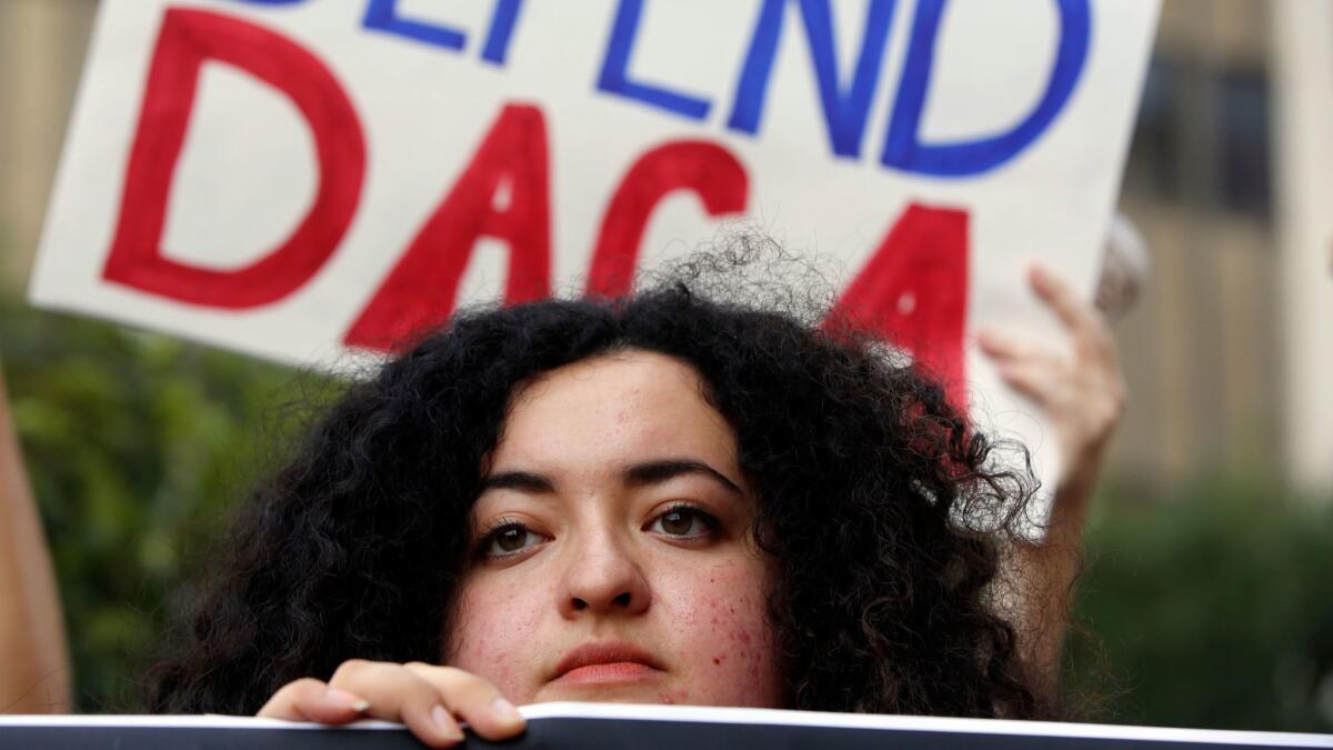 Loyola Marymount University student and dreamer Maria Carolina Gomez joins a rally in support of the DACA program in Los Angeles on Sept. 1, 2017.
