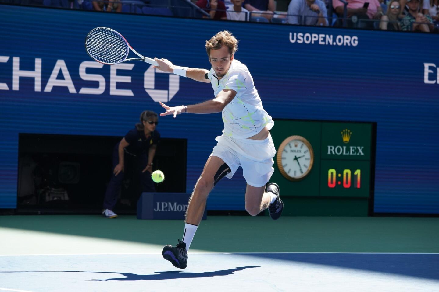 Daniil Medvedev of Russia plays against Stan Wawrinka of Switzerland during their Men's Singles Quarterfinal match at the 2019 U.S. Open at the USTA Billie Jean King National Tennis Center in New York on Sept. 3, 2019.