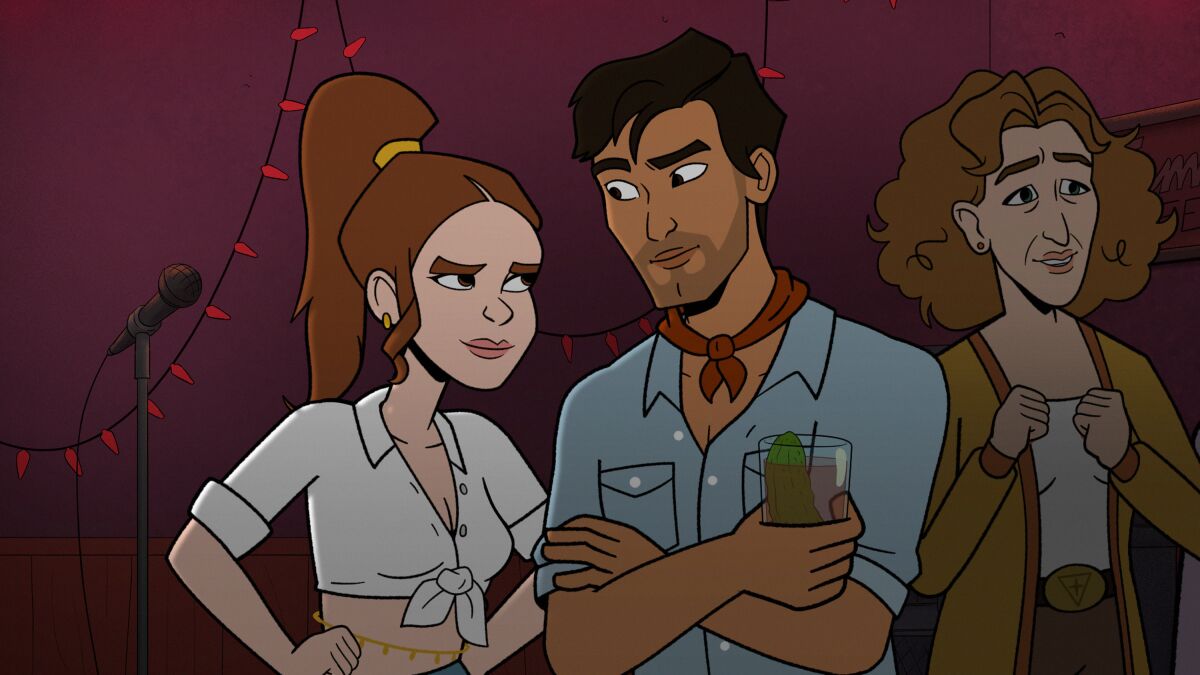 Petey, in a white button-up crop top, has her hands on her hips as she looks at Bandit.