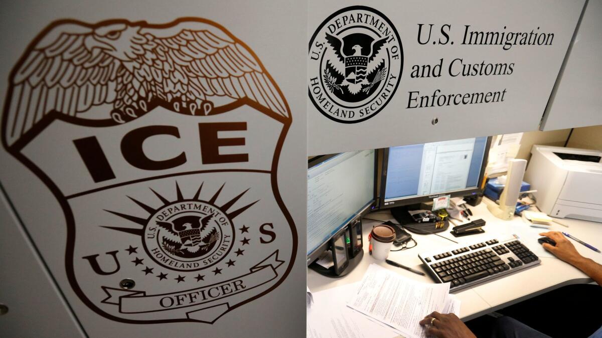 An Immigration and Customs Enforcement deportation officer in Laguna Niguel reviews forms required to issue a detainer asking local law enforcement to hold someone until ICE agents can pick the person up.